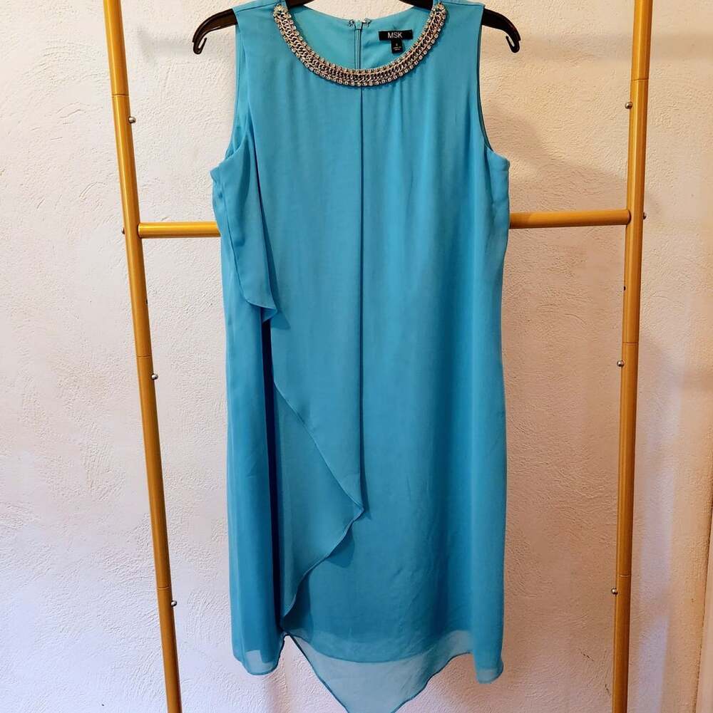 MSK Embellished Neckline Handkerchief Hem Dress Size 6 Turquoise Blue
